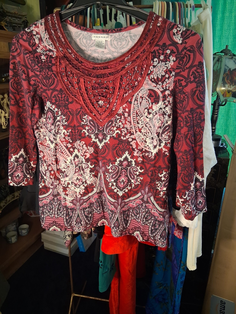 Hannah Burgundy Paisley Beaded Scoop-Neck Blouse
